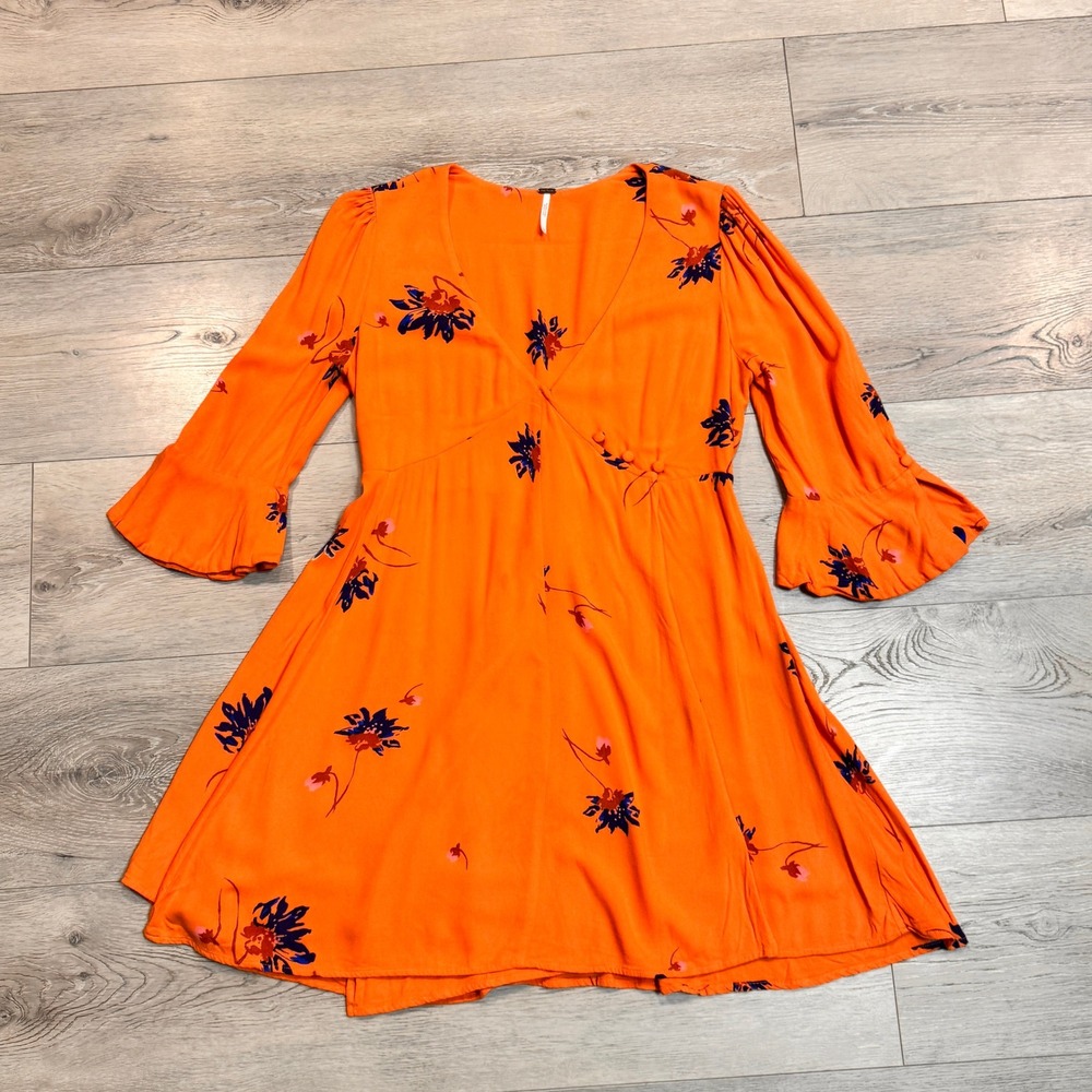 Free People‎ Dress Xsmall XS Time On My Side Floral Wrap Mini Floral Orange